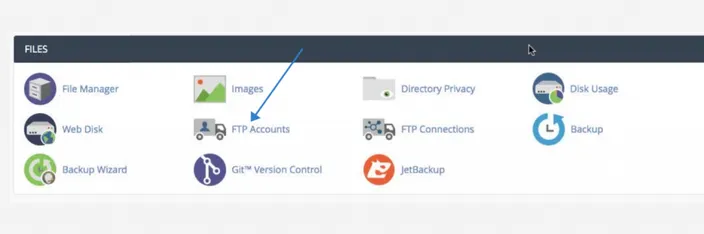 cPanel Files section with the FTP Accounts icon highlighted