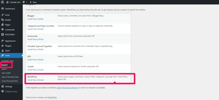 WordPress Import screen with the WordPress importer highlighted