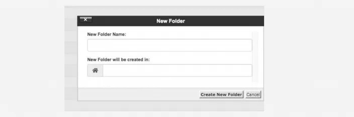cPanel File Manager New Folder dialog with the Create New Folder button