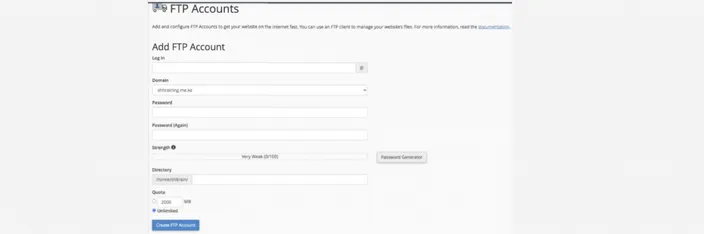 cPanel Add FTP Account form with log in, domain, password, directory and quota fields