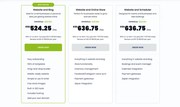 HostAfrica pricing and plans page for a website builder, displaying three tiers: "Website and Blog," "Website and Online Store," and "Website and Scheduler," with the "Website and Blog" plan highlighted as most popular.