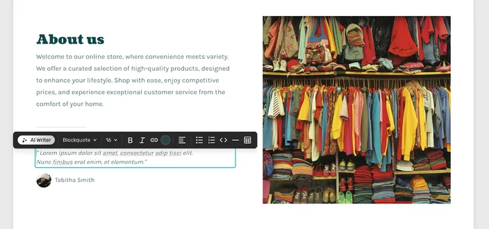 website builder's text editor, showcasing the "AI Writer" feature generating placeholder text for a testimonial on an "About us" page.