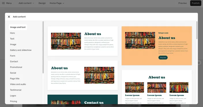 website builder interface is selecting from various pre-designed "About us" page templates to add to their website.