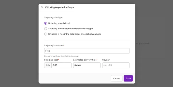 The e-commerce settings within a website builder, showing the dialog box for editing a fixed shipping rate for Kenya.