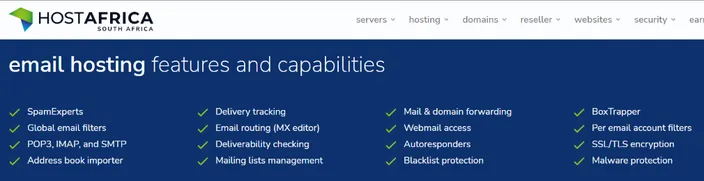 HostAfrica's list email hosting features