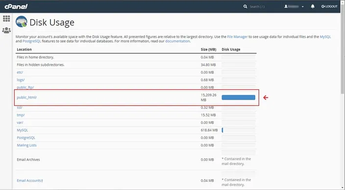 cPanel disk size view