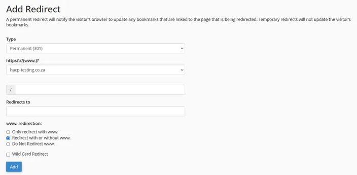 Add redirect in cPanel