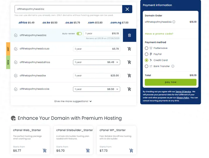 HostAfrica's payment process for buying a domain