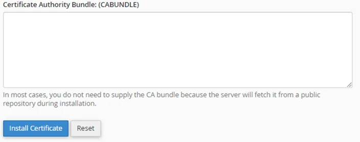 The certificate authority bundle field that requires SSL data to be entered into it