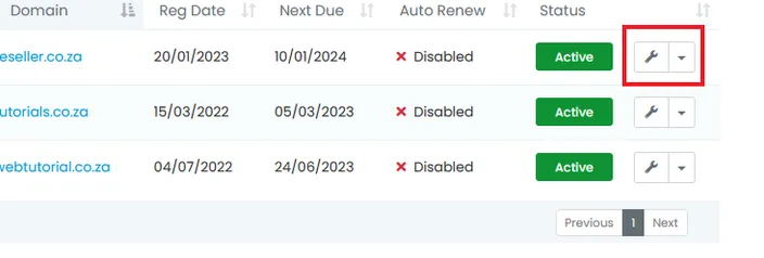 Inside the active domains in WHMCS, and pointing to the settings for an individual domain
