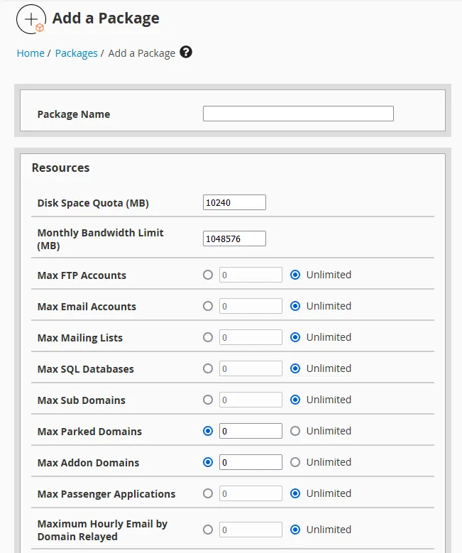The fields showing what the package specifications will be
