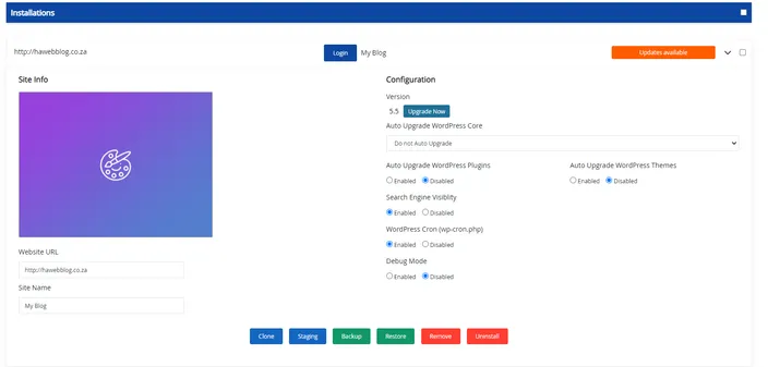 From the main WordPress dashboard, expand the site configuration section by clicking the downward arrow at the end of the relevant row.