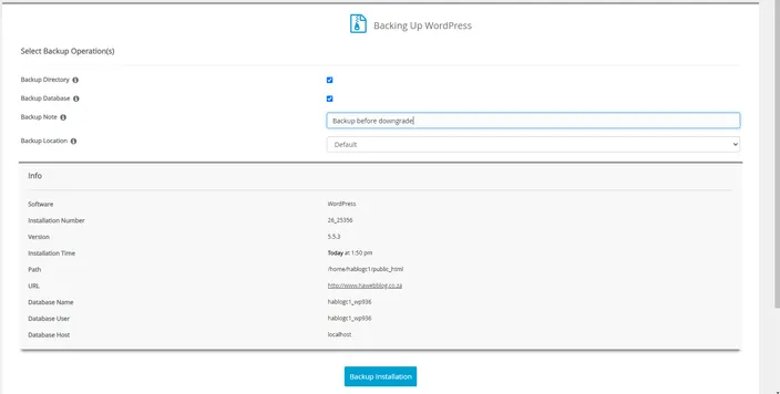 Add a note, choose where you want to save the backup and then click Backup Installation.