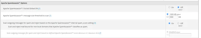 Set Scan outgoing messages for spam and reject based on the Apache SpamAssassin™ internal spam_score setting to On.
