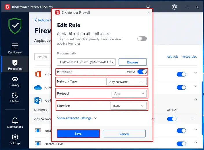 Bitdefender firewall rule edit window