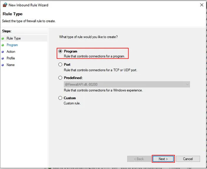 Avira firewall rule type