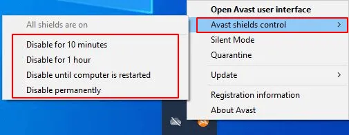 Avast shields control