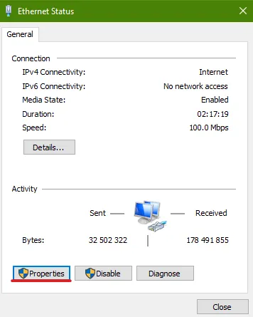 Windows ethernet status