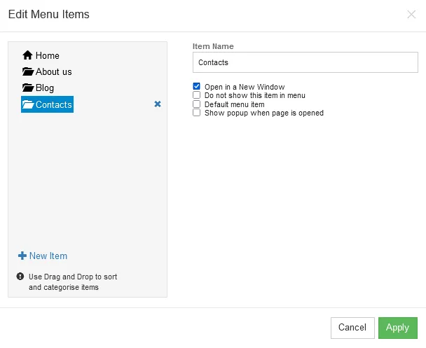 Menu and navigation settings for website nav