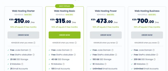 hostafrica web hosting pricing