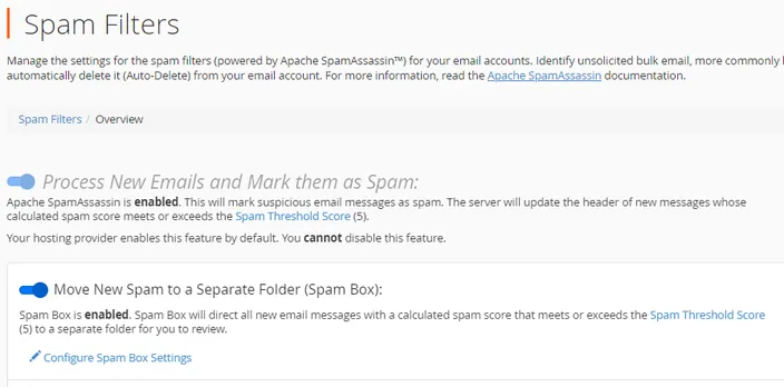 Spam Filters setting page in cPanel