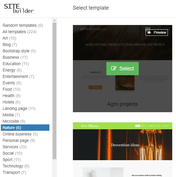 Site builder list of template