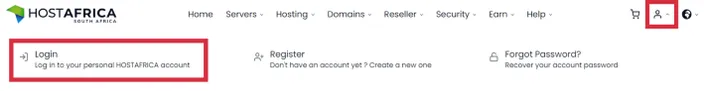 The HostAfrica nav bar with the 'Login' dropdown button highlighted