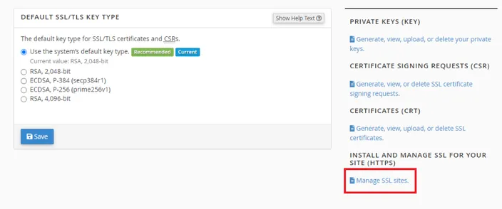 Navigating to "Manage SSL Sites" in cPanel