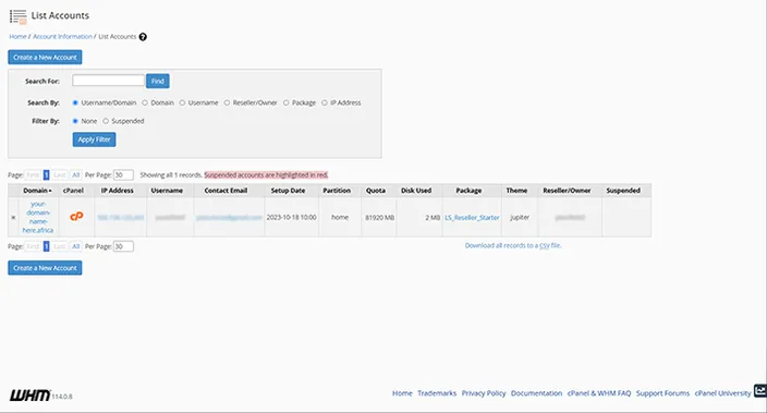WHM List Accounts Dashboard