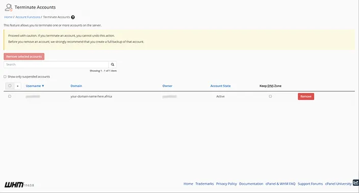 whm terminate accounts dashboard