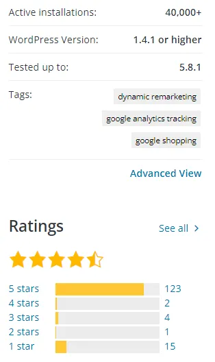 Google Analytics key specs from WordPress