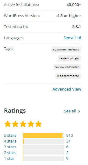 Customer Reviews for WooCommerce key specs from WordPress